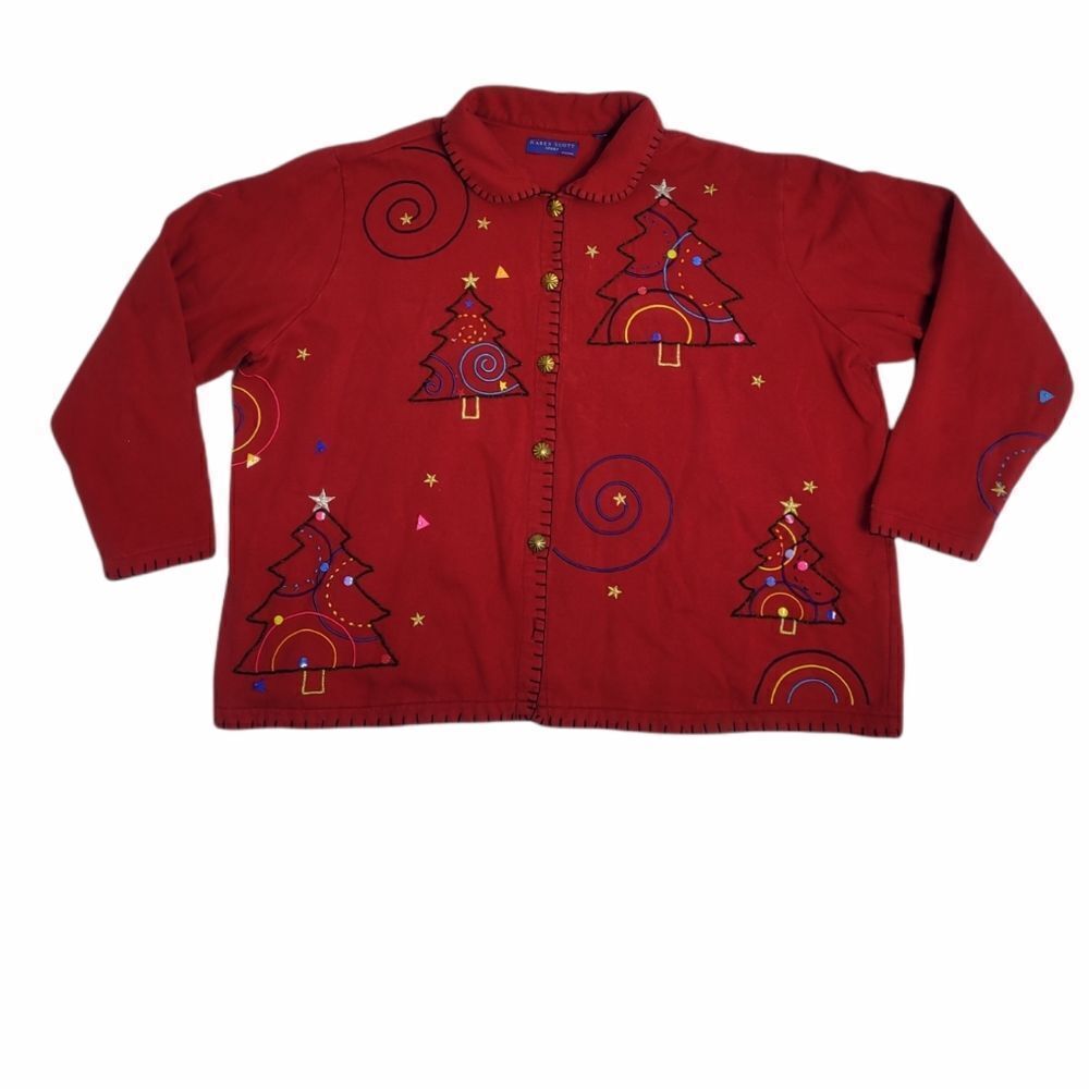 VINTAGE 90s button up collared embellished‎ Christmas holiday sweatshirt 1X